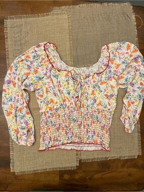 Floral Smocked Peasant Blouse - White Multicolor